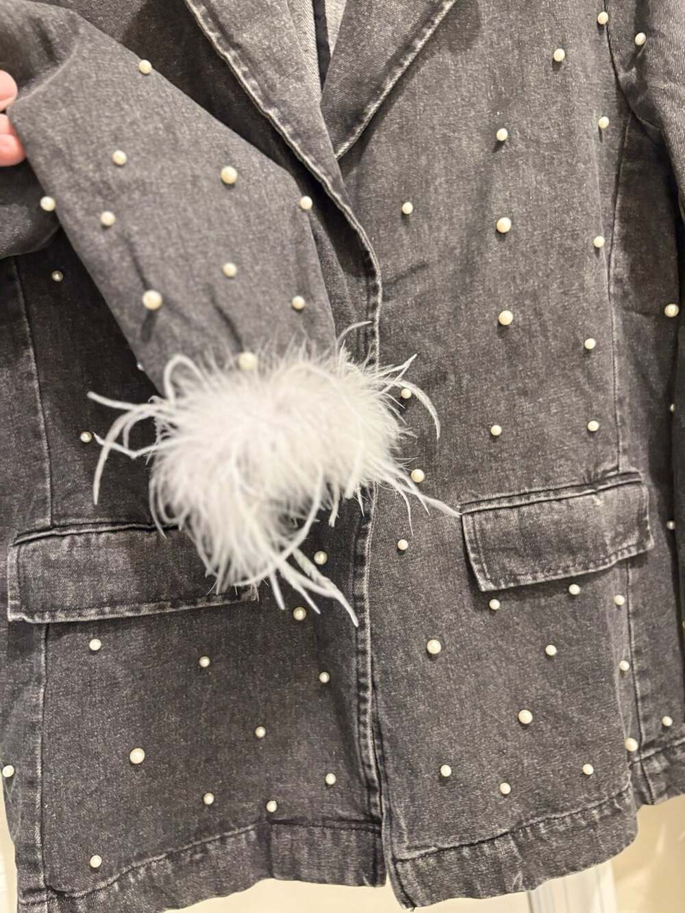 Peach Love California Pearl Embellished Denim Blazer with Feather Cuffs